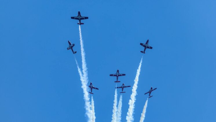 aerial display of aircraft performing airshow maneuvers